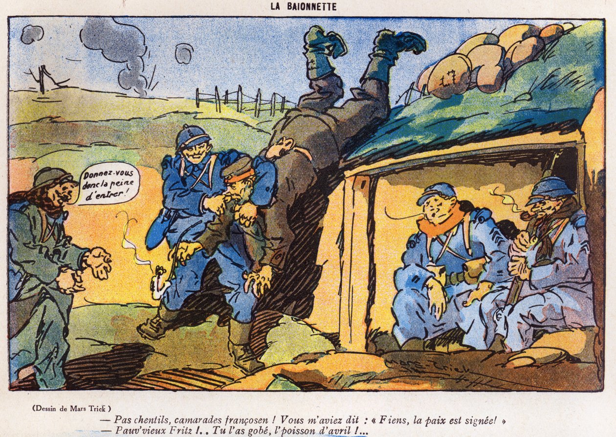 Soldado alemán capturado por soldados franceses como resultado de una trampa, caricatura de la edición del Día de los Inocentes de La Baionette, 29 de marzo de 1917 de French School