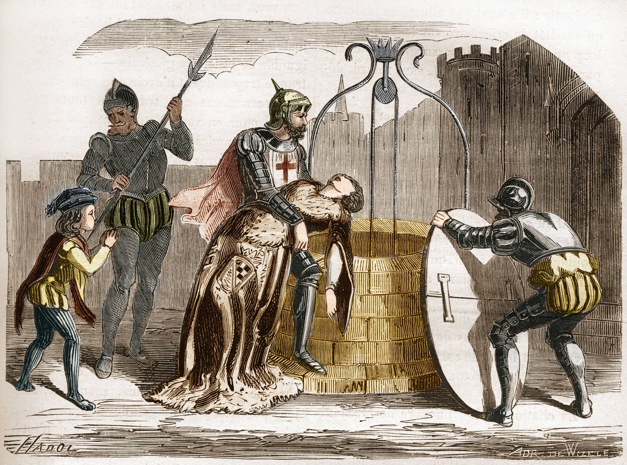Gilles de Rais (1404-1440), mariscal de Francia hace perecer a su esposa. Grabado en “La historia de la prostitución y la depravación entre todos los pueblos del mundo desde la antigüedad hasta el presente” por el Dr. Th.-F. Debray. 1879. de French School