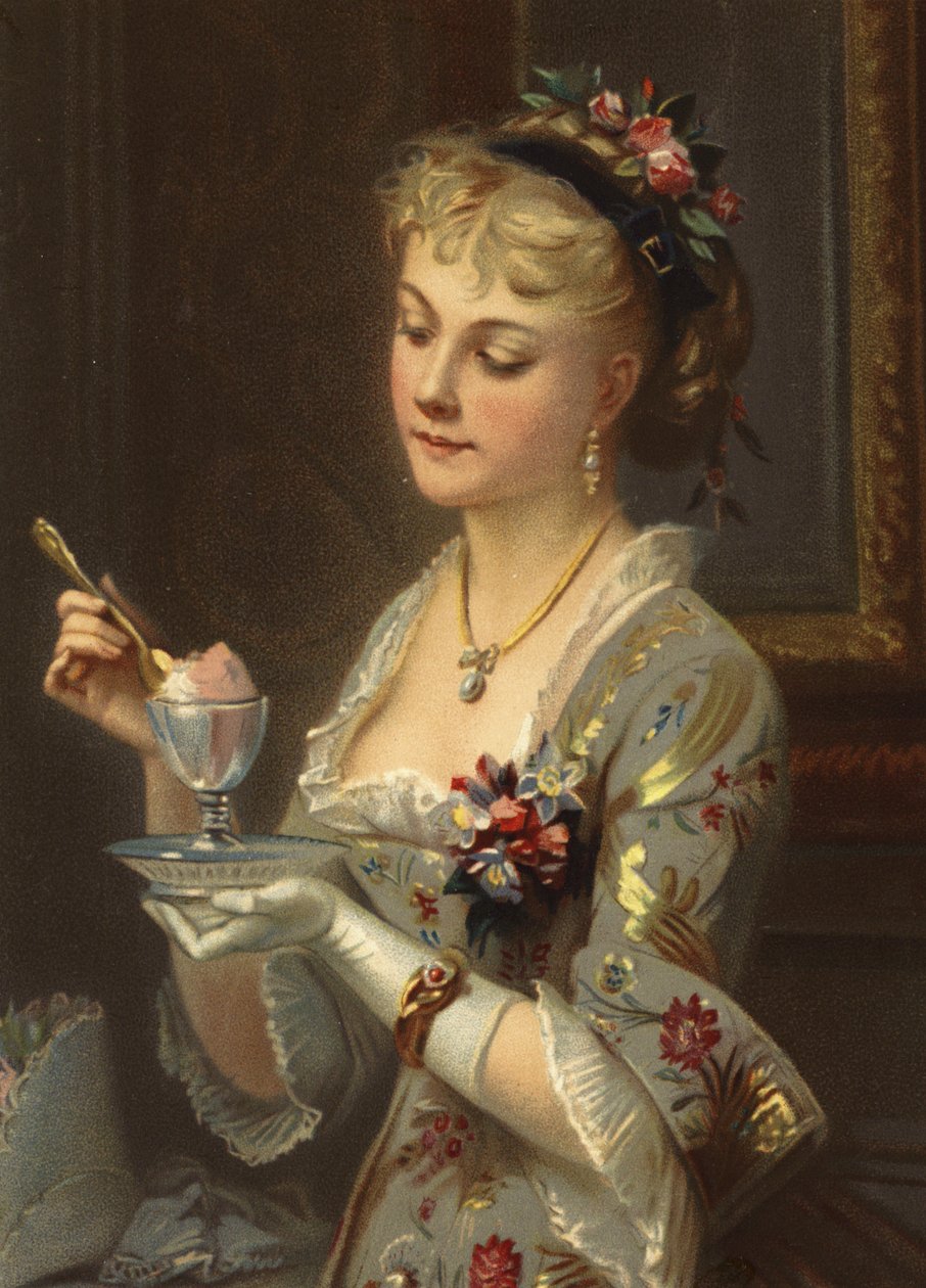 Chica comiendo sorbete con una cuchara de oro (cromolito) de French School