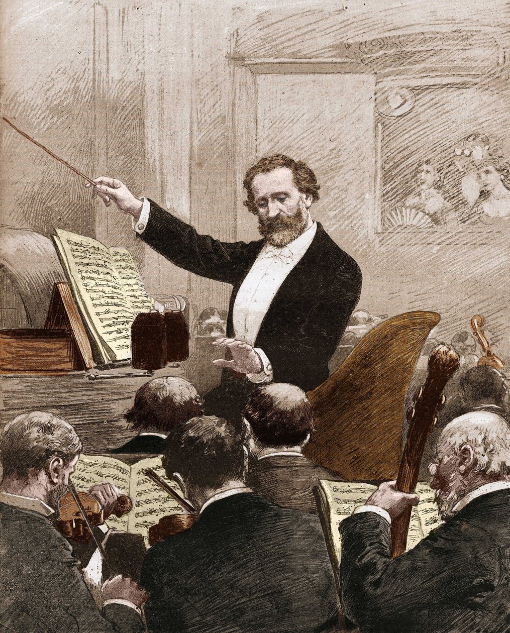 Giuseppe Verdi dirigiendo la orquesta de ópera en la primera representación de 