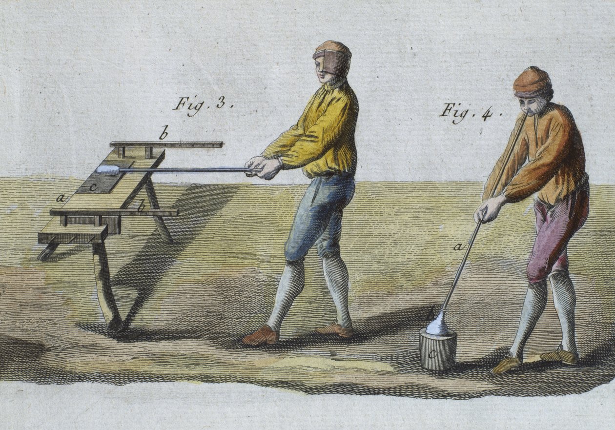 Soplado de vidrio (detalle), ilustración de la Encyclopedie des Sciences et Metiers por Denis Diderot (1713-84) grabado por Robert Benard (fl.1734) publicado c.1770 de French School