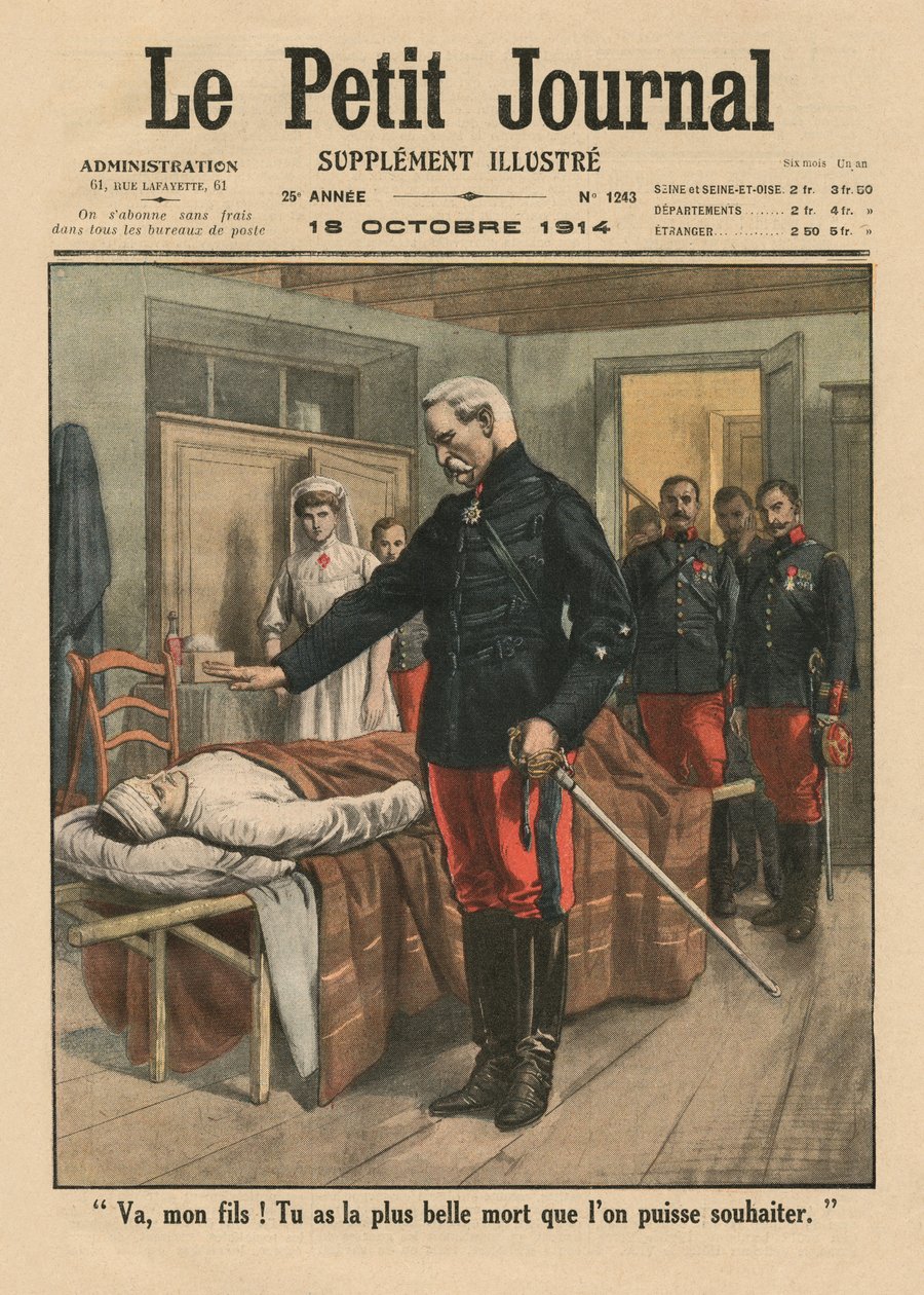 Ve, hijo mío, tienes la muerte más hermosa que uno puede desear, ilustración de portada de Le Petit Journal, suplemento ilustrado, 18 de octubre de 1914 de French School