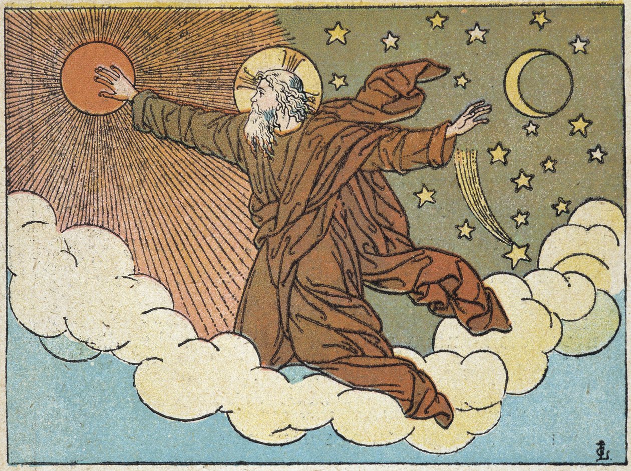 Dios: 4º día de la creación - en “Historia Sagrada en 120 imágenes”, ed. Maison de la Bonne Presse, París de French School