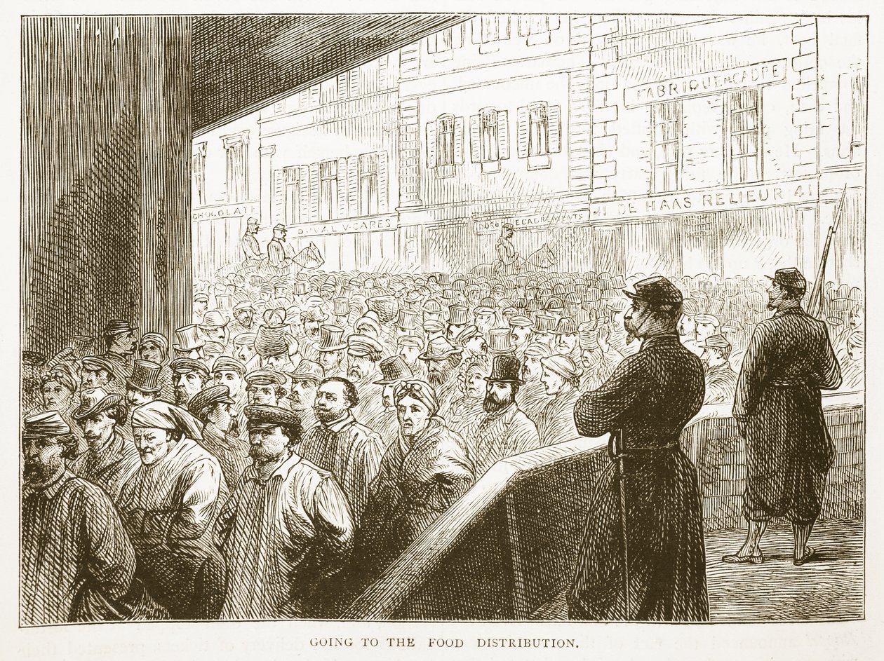 Yendo a la distribución de alimentos, ilustración de la Historia de la Guerra entre Francia y Alemania de Cassell, 1870-1871 de French School