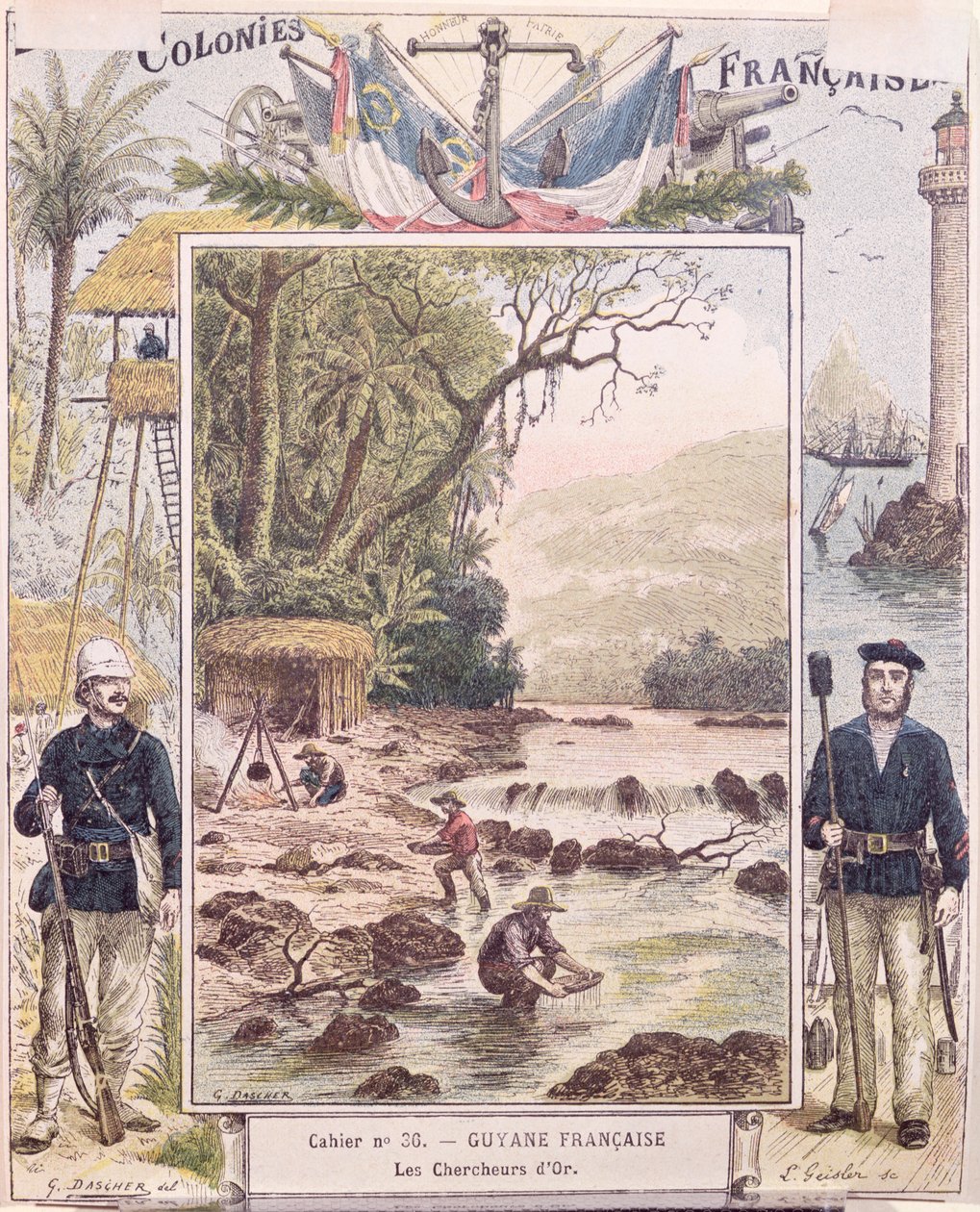 Buscadores de oro en la Guayana Francesa, portada de cuaderno escolar, c.1880 de French School