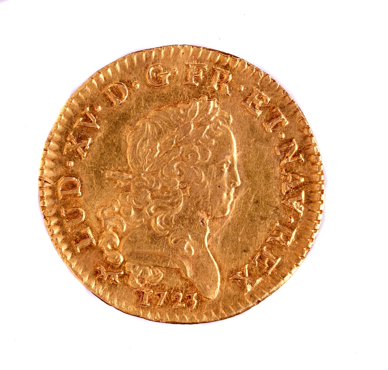 Luis de oro francés, reinado del rey Luis XV (1715-1774) 1723. Diámetro 2,3 cm Nápoles, museo arqueológico de French School