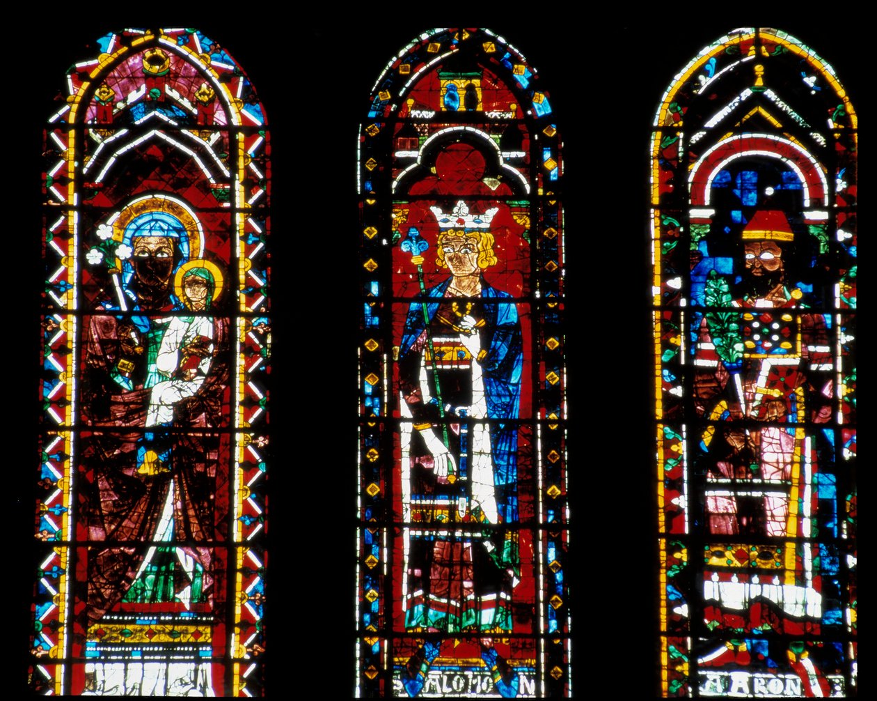 Arte gótico: Santa Ana la Mayor, Salomón y Aarón. Lancetas bajo la Rosácea del Norte (llamada Rosácea de la Virgen, circa 1235) de la Catedral de Notre Dame de Chartres (Eure et Loir). de French School