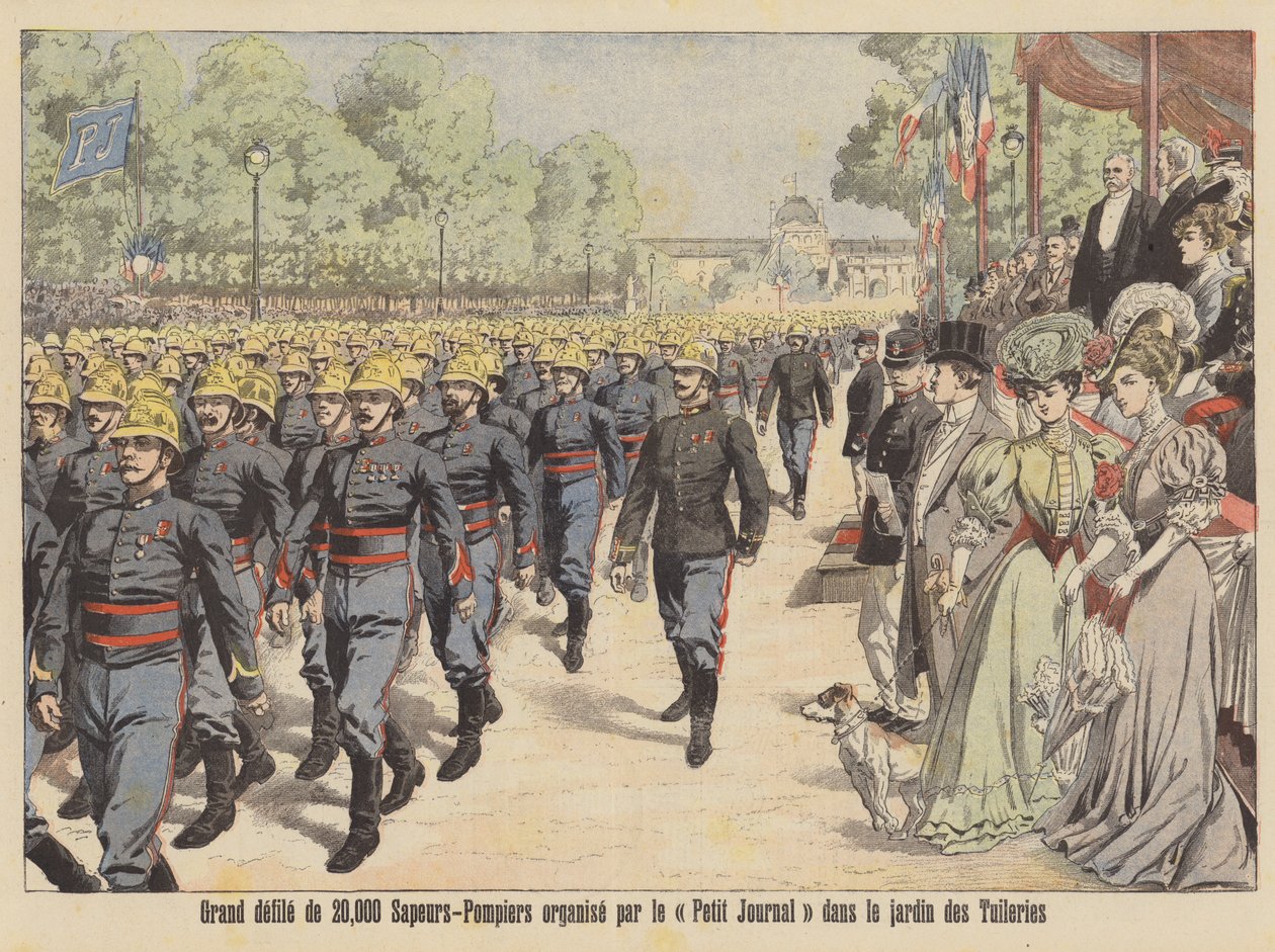 Gran desfile de 20.000 bomberos por el Jardín de las Tullerías de París (litografía en color) de French School
