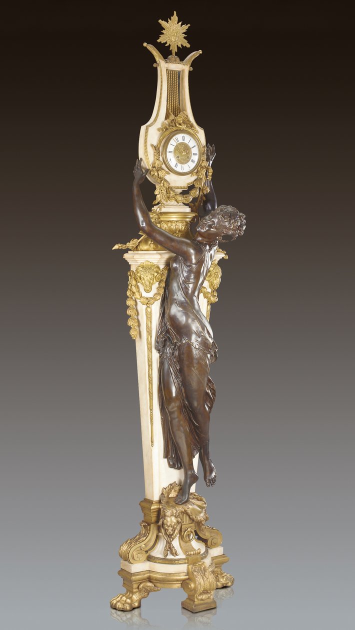 Grande Horloge, un importante y monumental reloj de pedestal, diseñado por Frederic Piat y ejecutado por Maison Millet, París, c.1890 (bronce patinado y mármol de Carrara) de French School