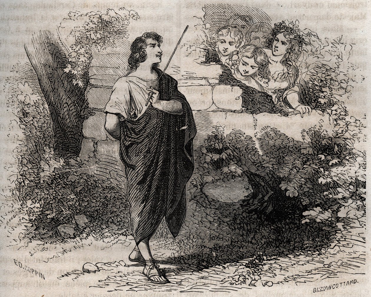 Mitología griega: Bacchis y sus amigos intentan seducir a Gyges, quien se niega y permanece fiel a su esposa fallecida. Grabado de 1871 en "Histoire Des Cocuses Celebres" de Henry de Kock (1819-1892) de French School
