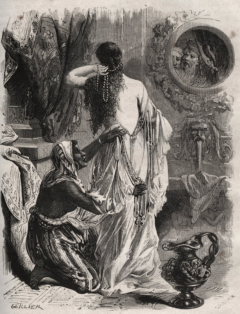 Mitología griega: el rey de Lidia Candaules muestra a su esposa desnuda a su confidente Gyges, quien se esconde en las sombras cuando ella se desviste en el dormitorio. Grabado de 1871 en "Histoire Des Cocus Celebres" de Henry de Kock (1819-1892) de French School