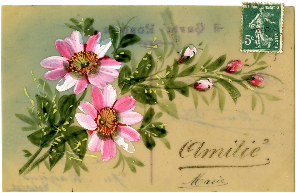 Saludo con planta floral. Postal de principios del siglo XX. de French School
