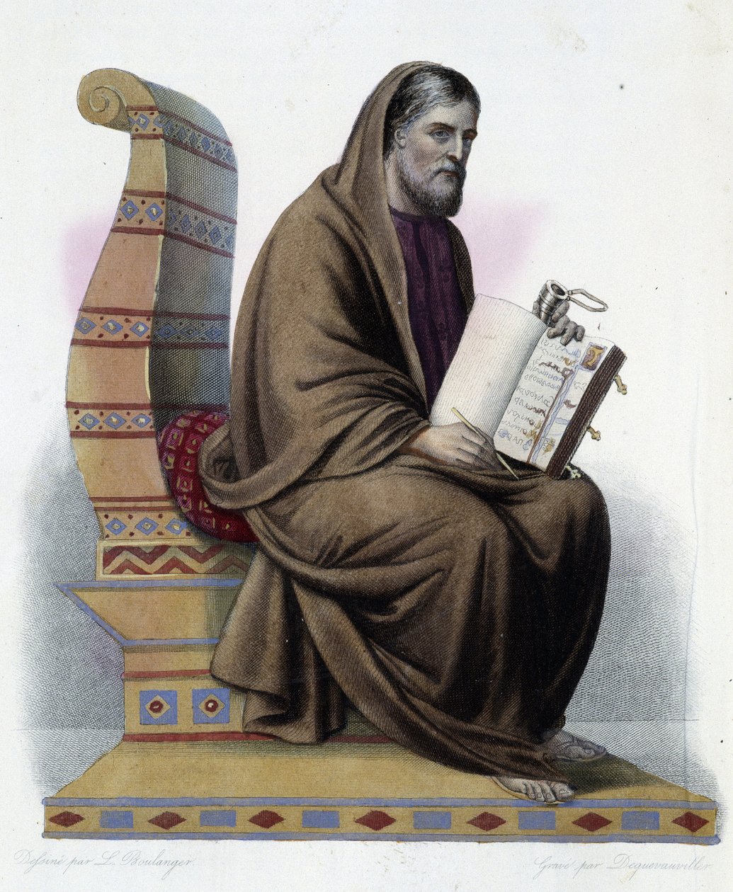 Gregorio de Tours (538-594) obispo de Tours e historiador de la iglesia- en "Le Plutarque français", por Mennechet, París de French School