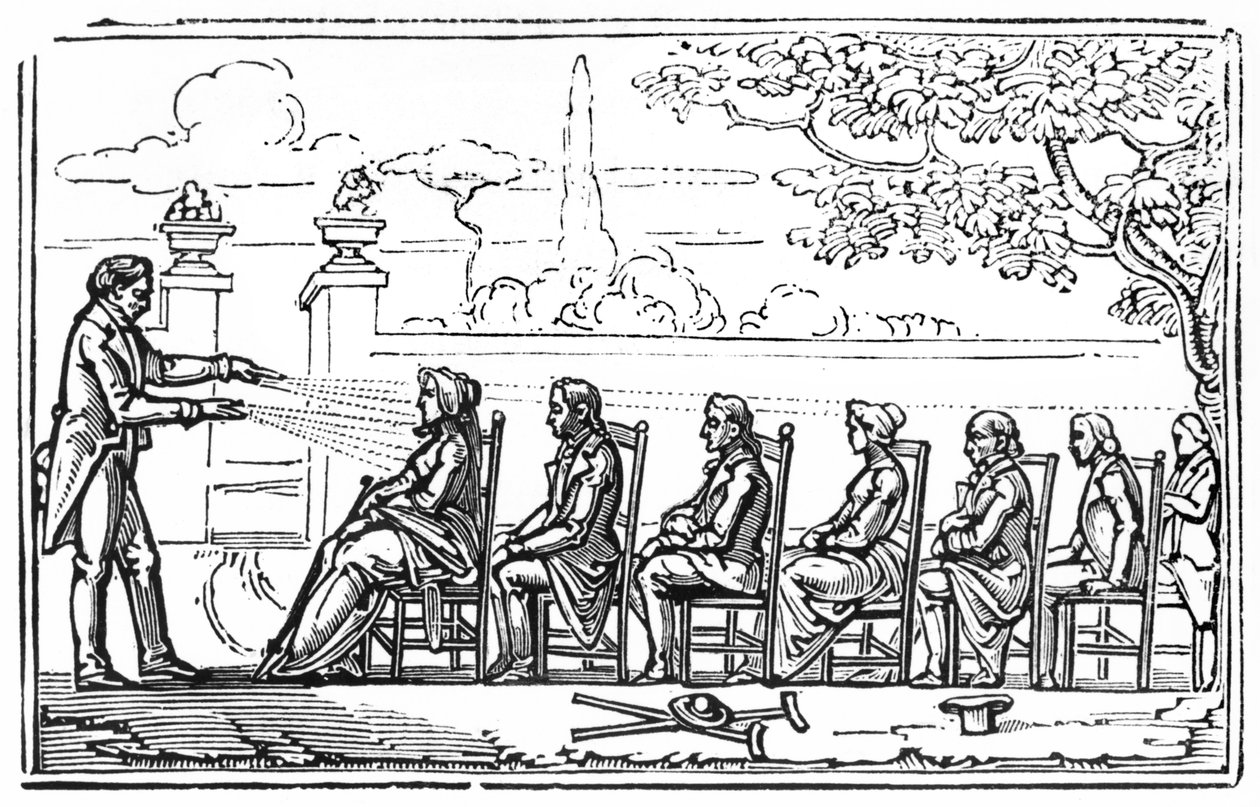 Terapia magnética grupal, ilustración de Therapeutique Magnetique por Baron du Potet, 1863 de French School