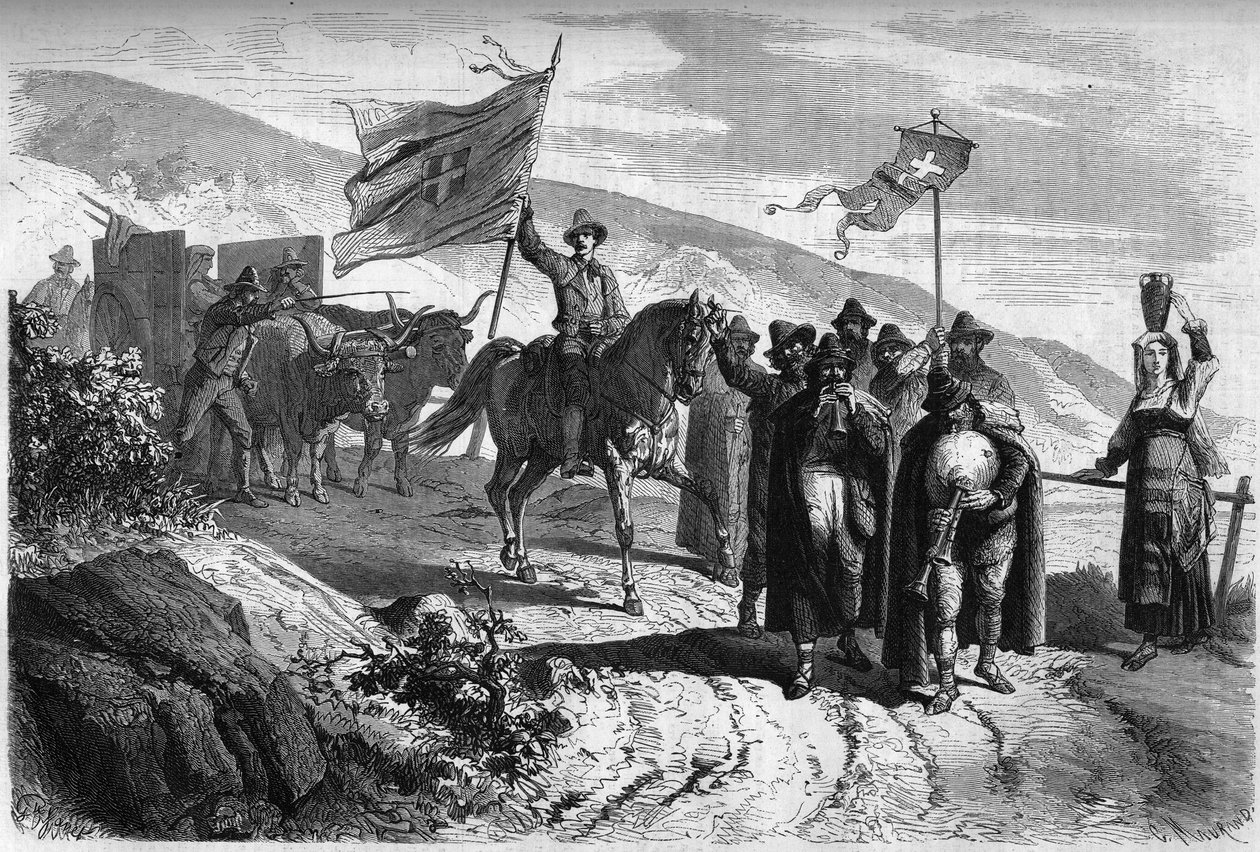 Grupo de "Pifferari" (mendigos y músicos ambulantes de Italia) saliendo de la provincia de Abbruzzo hacia Nápoles con motivo de la Semana Santa. Grabado en "Le Monde Illustré" n°364 del 2 de abril de French School