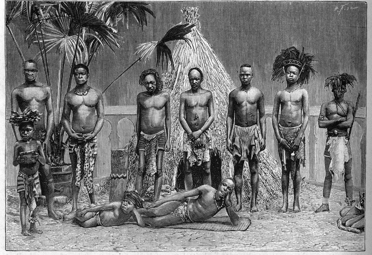 Grupo de hombres de la troupe angoleña exhibidos en París durante la Exposición Universal de 1889 (Zoo Humano) de French School