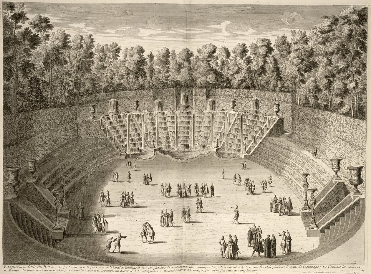 Arboleda de la Salle du Bal, Versalles, de Les Plans, Profils et Elevations des Ville et Chateau de Versailles, grabado por Lucas, publicado c.1715 de French School