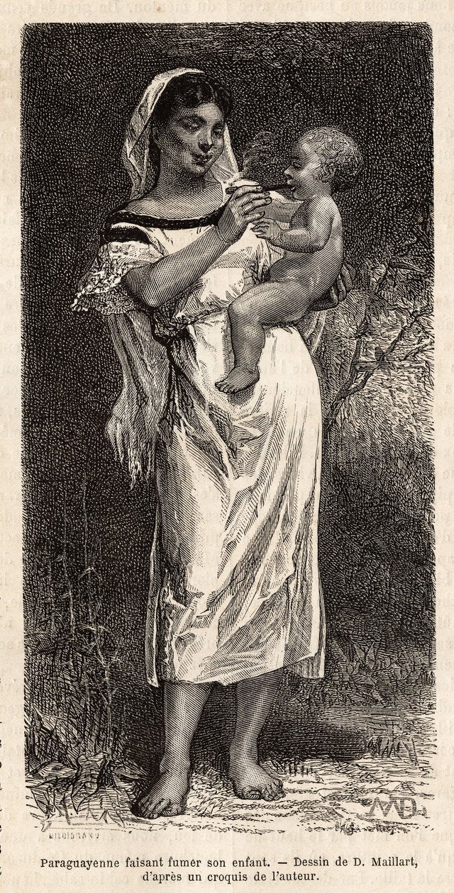 Mujer guaraní fumando el cigarro a su hijo, montado en su cadera, para tratar de calmar sus llantos, grabado después del dibujo de D.Maillart, ilustrando el viaje a Paraguay en 1872-1873, por L.Forgues, publicado en "Le tour du monde" 1874, editado por Edo de French School
