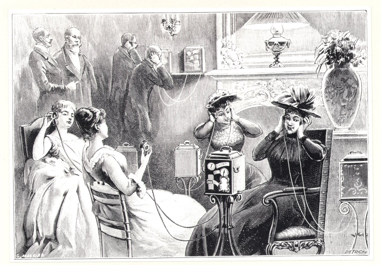 Huéspedes en un hotel de París escuchando retransmisiones directas de ópera o teatro en el Theatrophone de Marinovitch y Szarvady, de La Nature, publicado en 1892 de French School