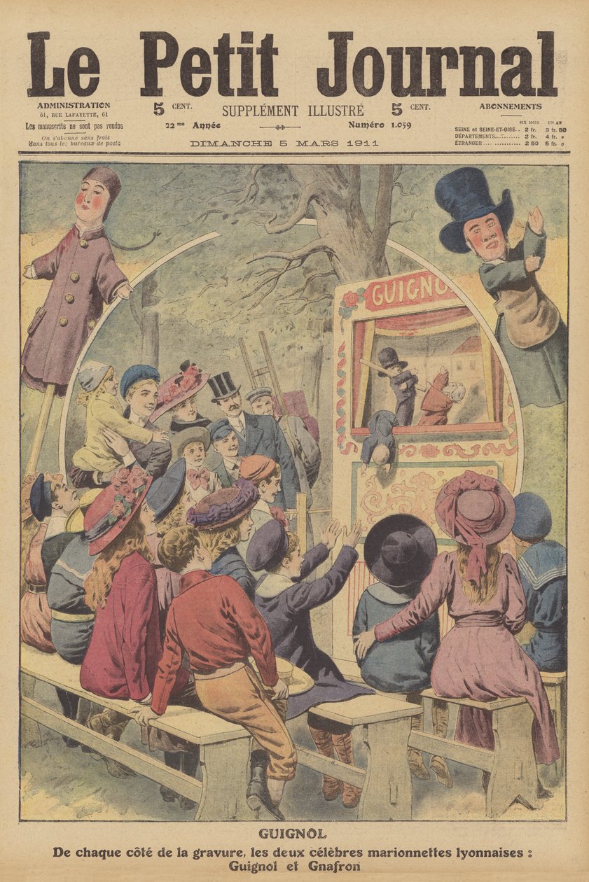 Guignol y Gnafron, famosos títeres franceses de un espectáculo de Lyon (litografía en color) de French School