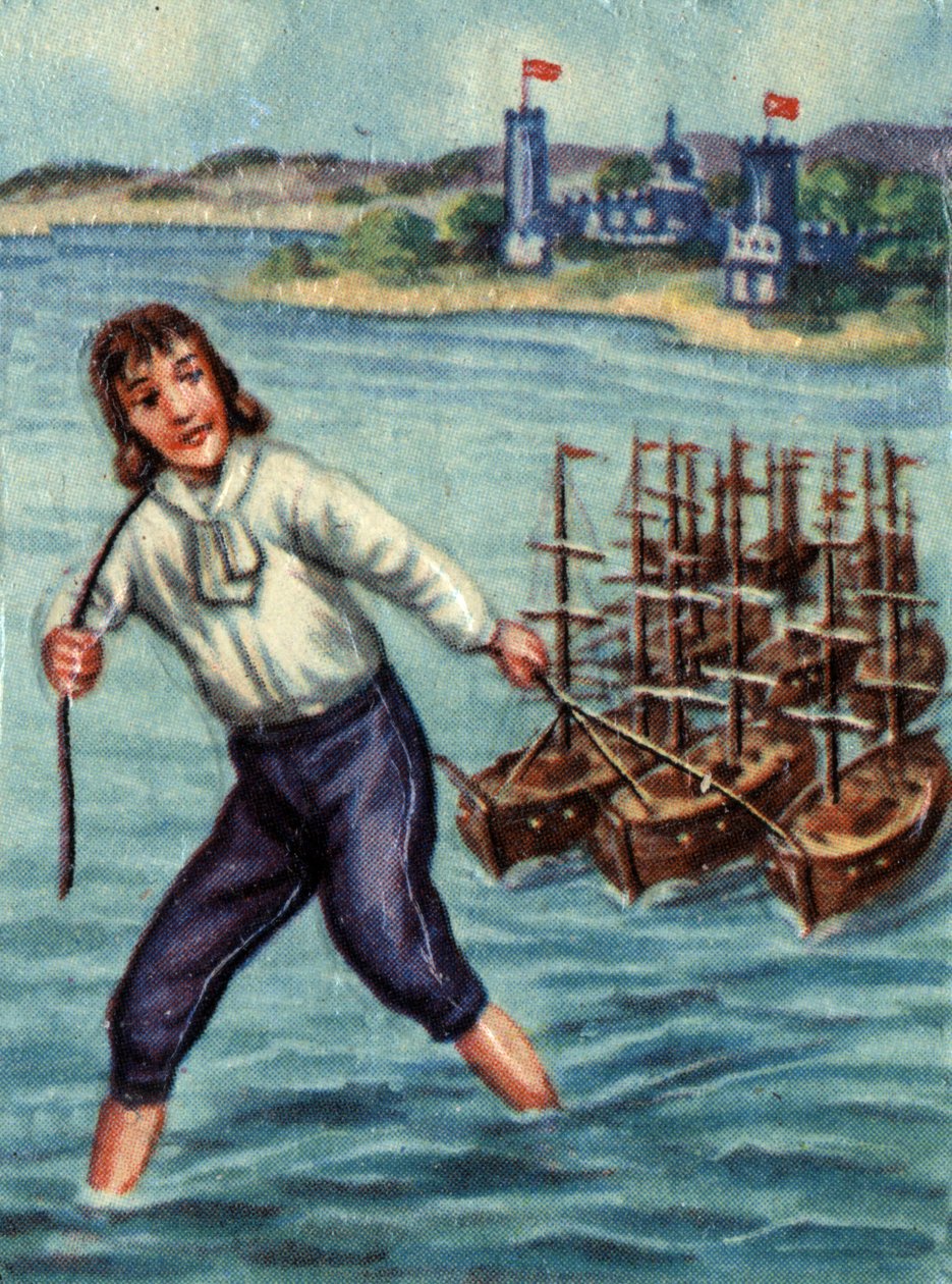 Gulliver dispara barcos enemigos hacia el puerto de Lilliput. Ilustración para la historia “Los viajes de Gulliver” de Jonathan Swift (1667-1745). de French School