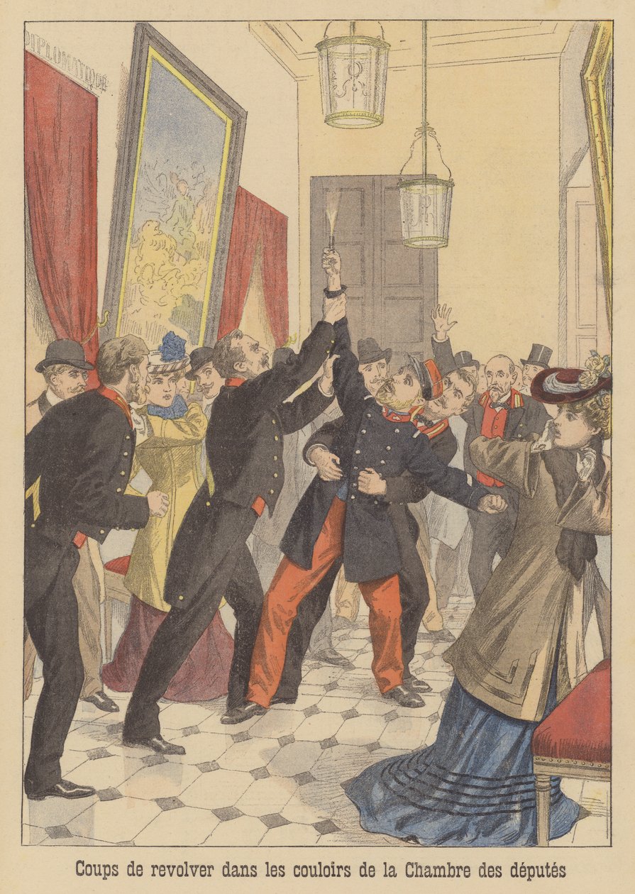 Disparos en los pasillos de la Cámara de Diputados francesa (litografía en color) de French School