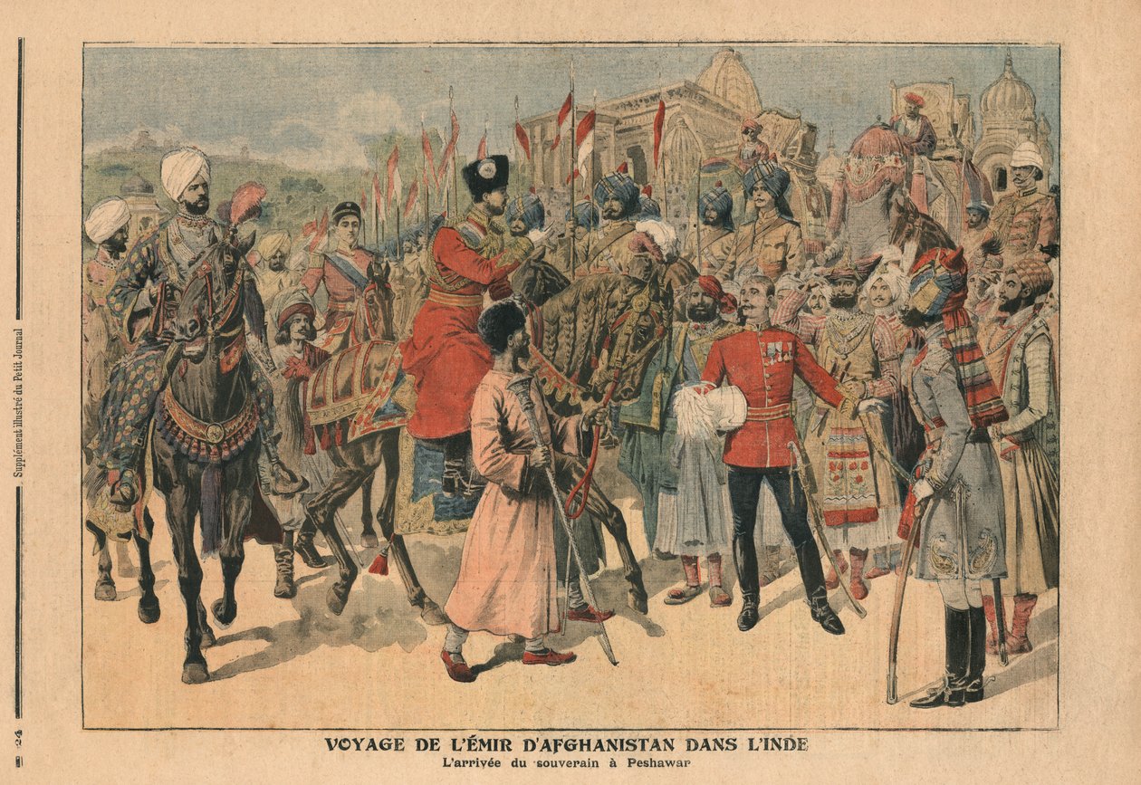 Habibullah Kahn (1872-1919) Emir de Afganistán llegando a Peshawar, India, ilustración de 
