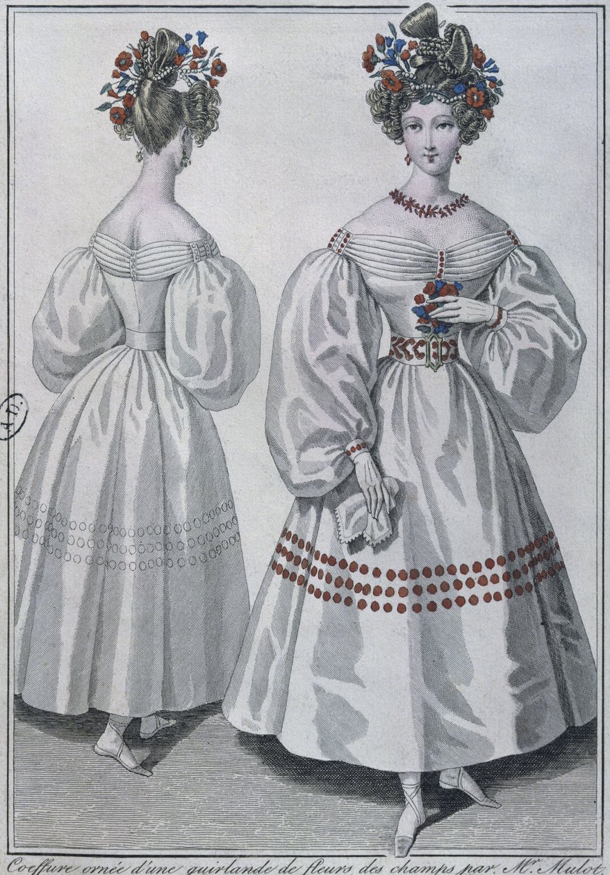 Peinado con una guirnalda de flores silvestres, París, 1829 de French School
