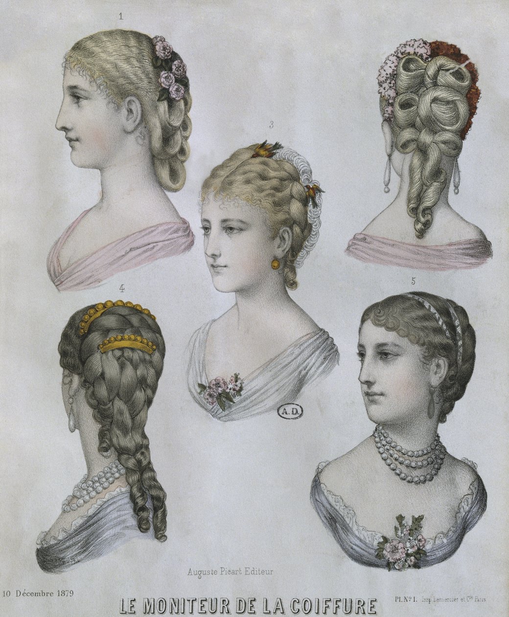 Peinados, ilustración de Le Moniteur de la Coiffure, 10 de diciembre de 1879 de French School