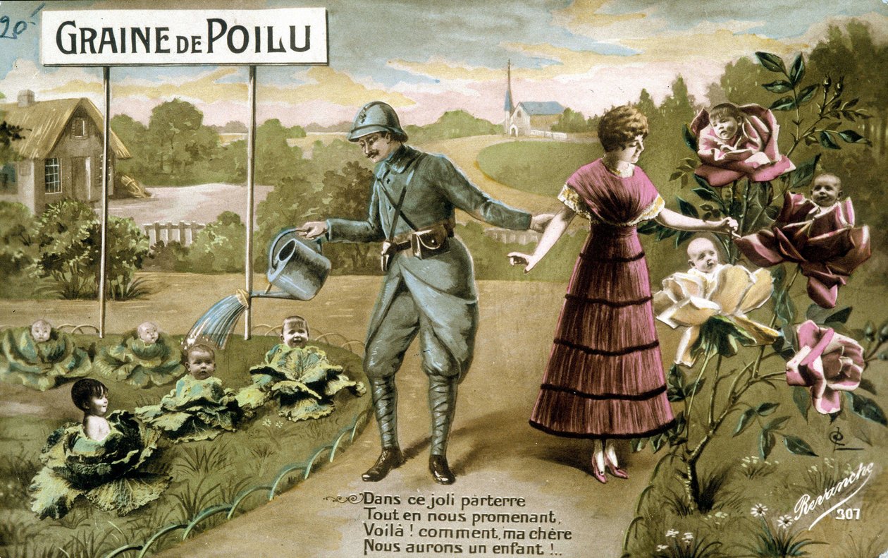 Semilla peluda: En este hermoso suelo Mientras caminamos, ¡Aquí vamos! cómo mi querido tendremos un hijo - Postal sobre el nacimiento, c. 1914 de French School