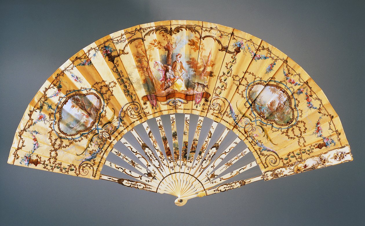 Abanico de mano que representa Descanso durante la caza, seda pintada y hueso, creado por Felix Alexandre, París, ca 1870, Francia de French School