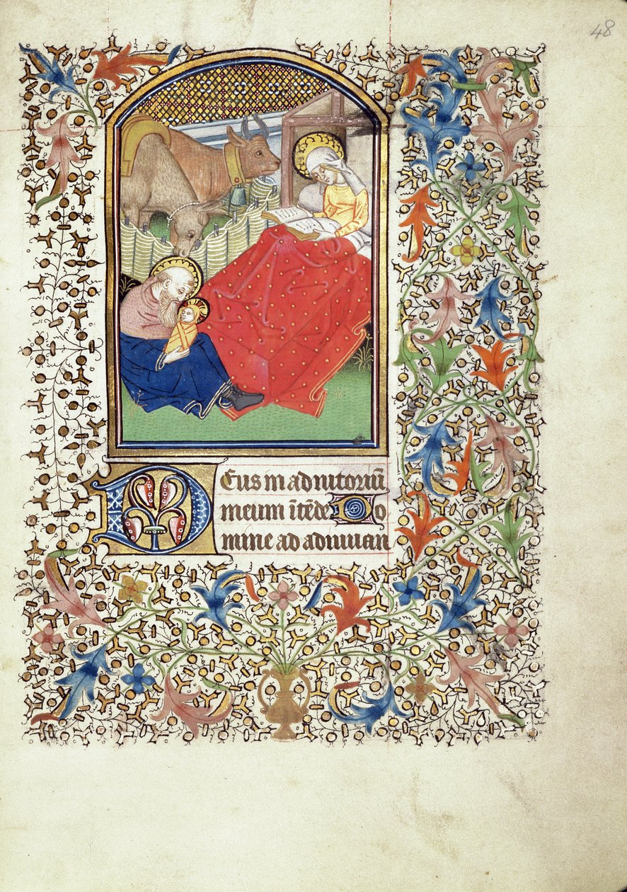 Handschrift 69 f.48r, Nacimiento de Jesús, del Libro de Horas del "Maestro de Jacques de Besançon" de French School