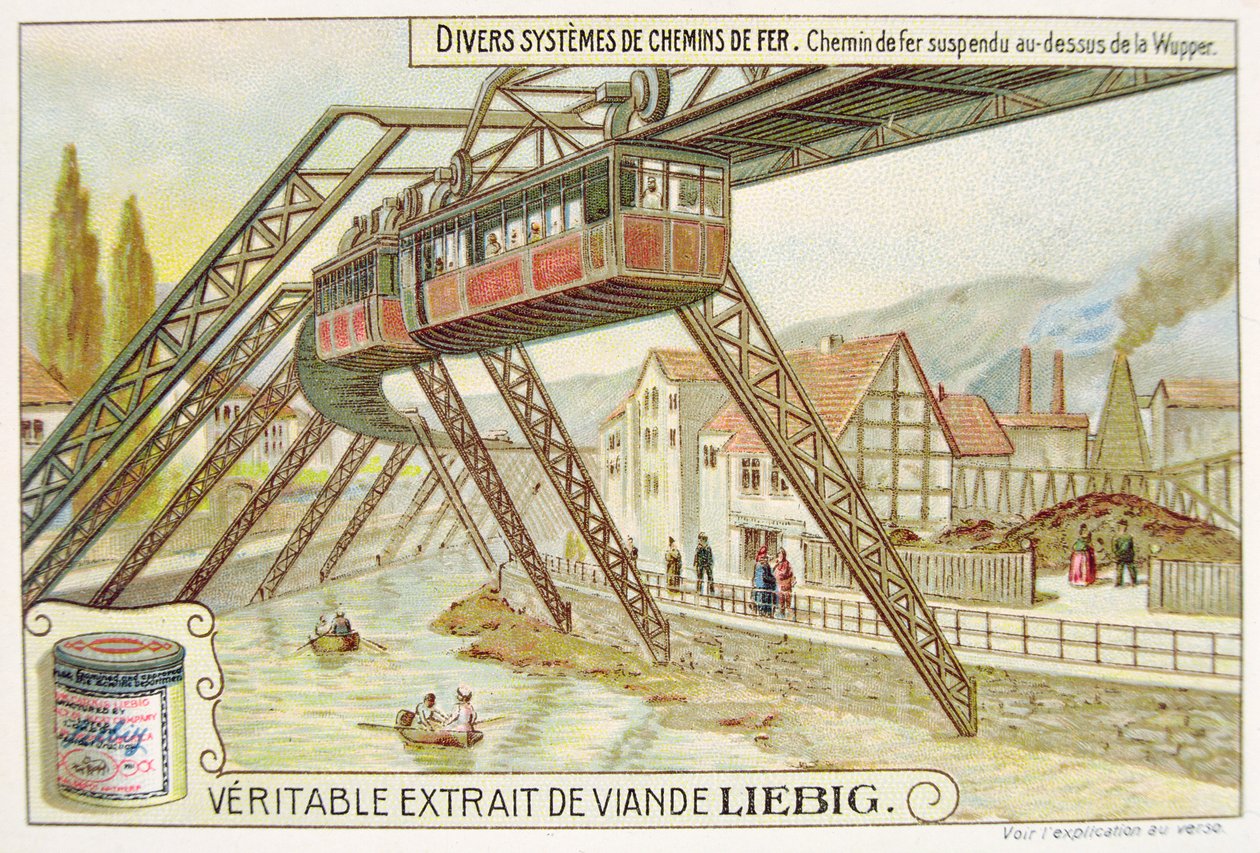 Tren colgante en el río Wupper, tarjeta publicitaria promocional para Veritable Extrait de Viande Liebig de French School