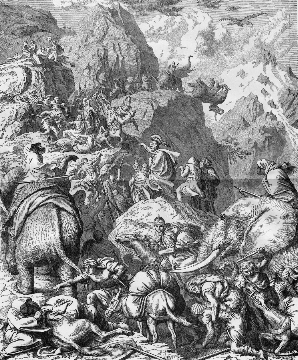 Aníbal cruzando los Alpes con elefantes para llegar a Italia (II Guerra Púnica). Grabado del siglo XIX de French School