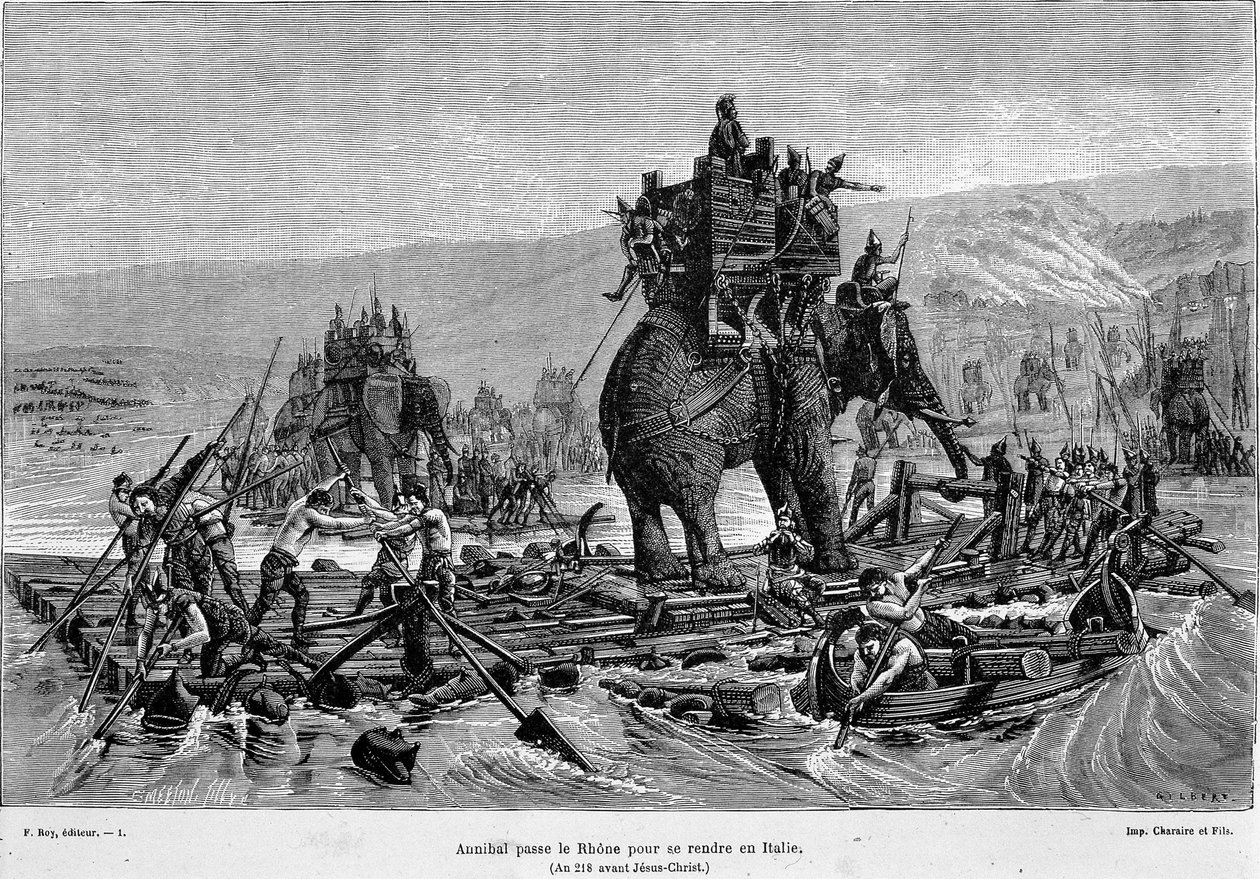 Aníbal pasa el Ródano hacia Italia (año 218 a.C.) - en "Francia y los franceses a través de los siglos" de French School