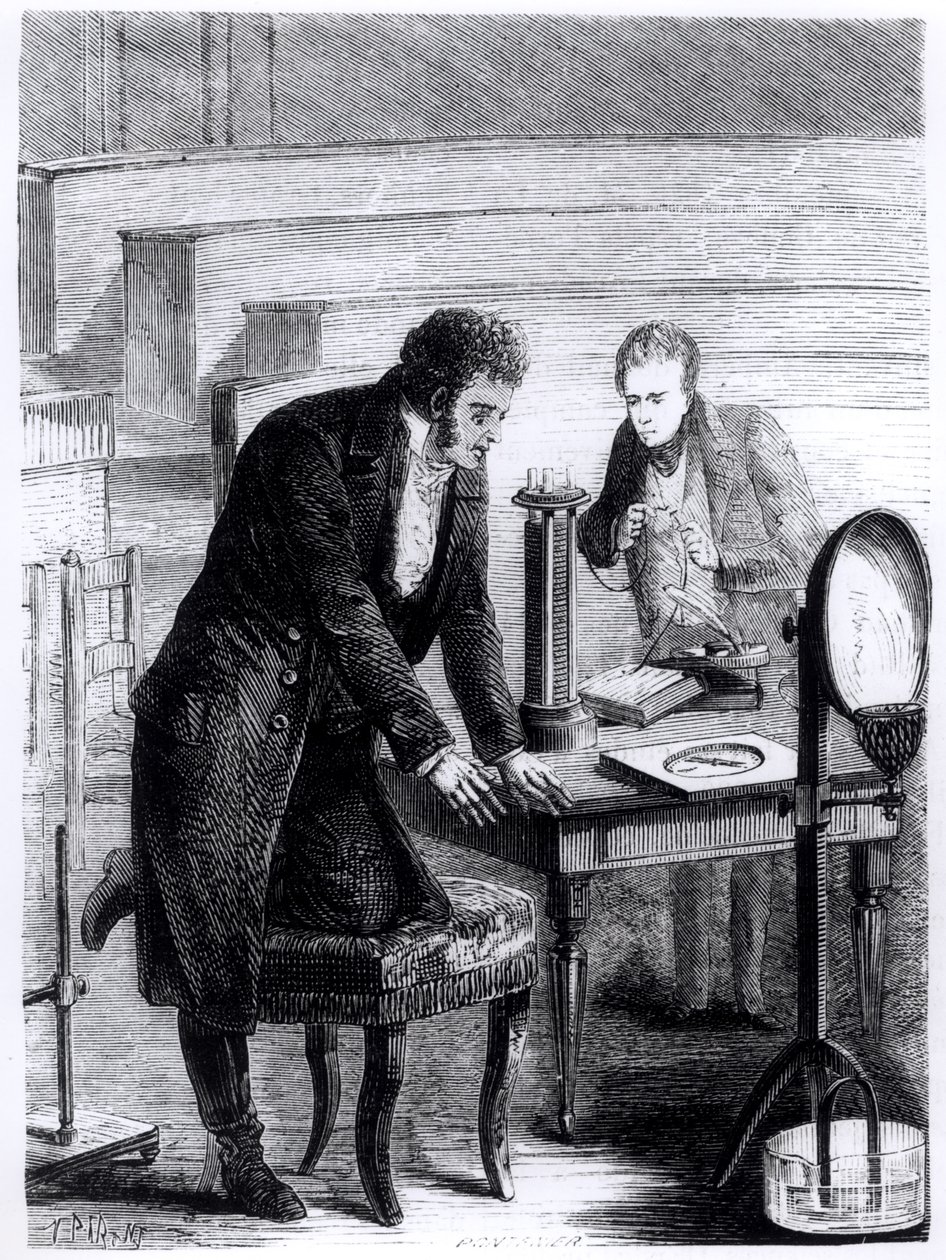 Hans Christian Oersted descubriendo la desviación de la aguja magnética por corriente cerrada en 1820, de Las maravillas de la ciencia por Louis Figuier, 1867 de French School
