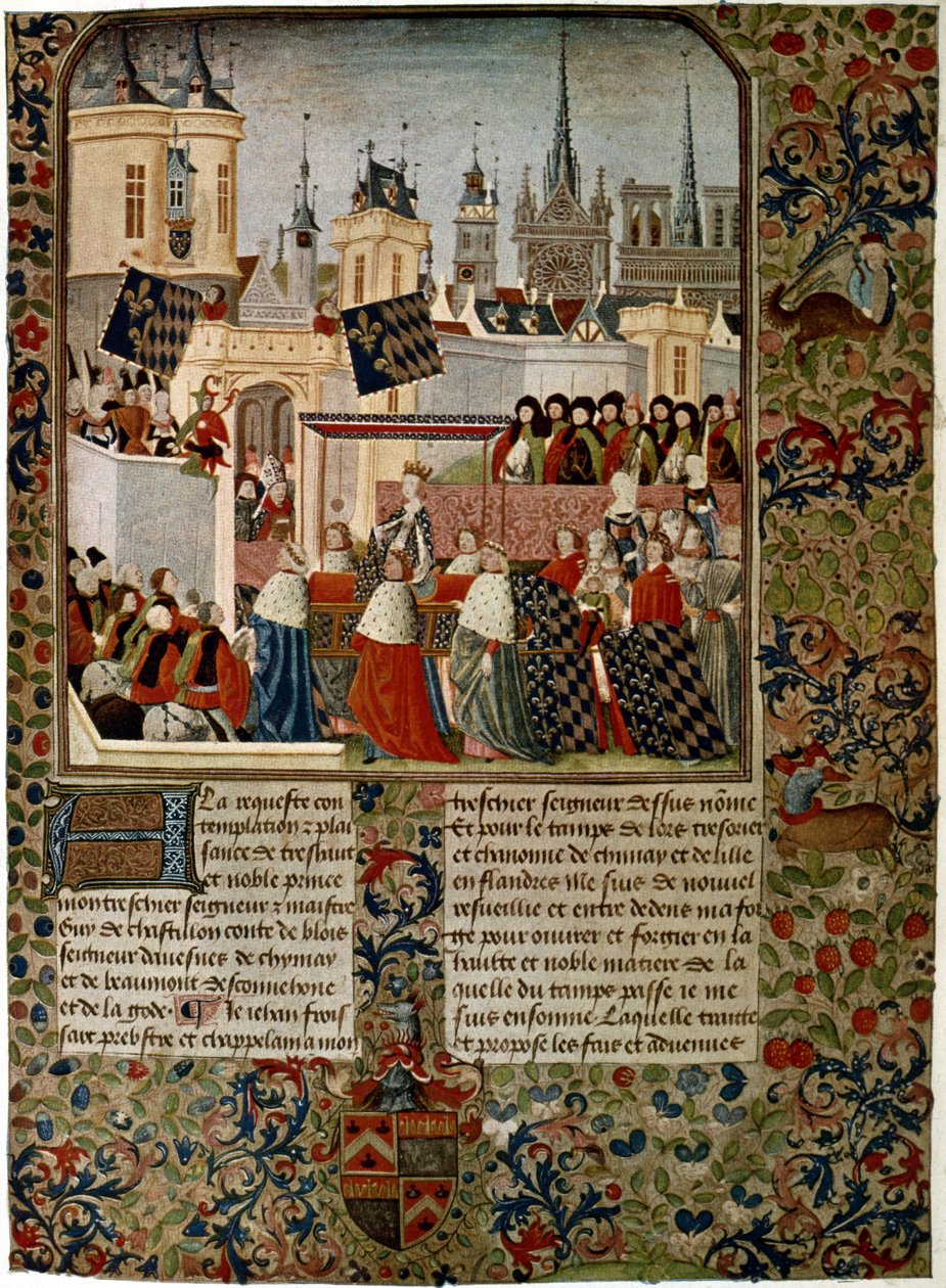 Harley 4379 f.3 Entrada de la reina Isabel, consorte separada de Eduardo II (1284-1327) en París en 1325, ejecutado por Jean Froissart (c.1333-c.1404) para el historiador Philippe de Comines (1445-1509) ( vitela) de French School