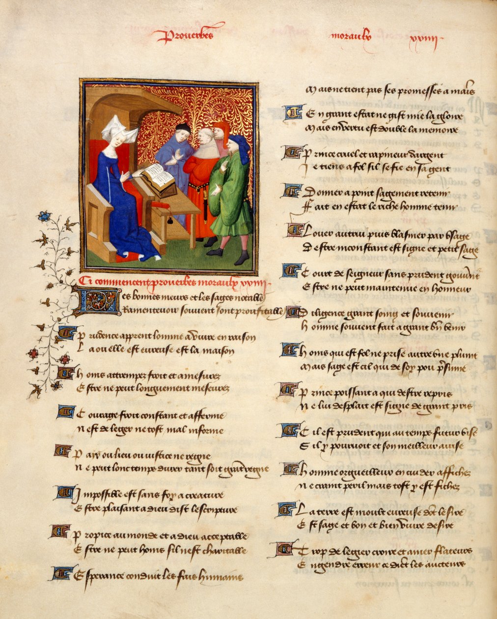 Harley 4431 volumen II, f.259v Miniatura de una mujer leyendo proverbios morales al comienzo de 
