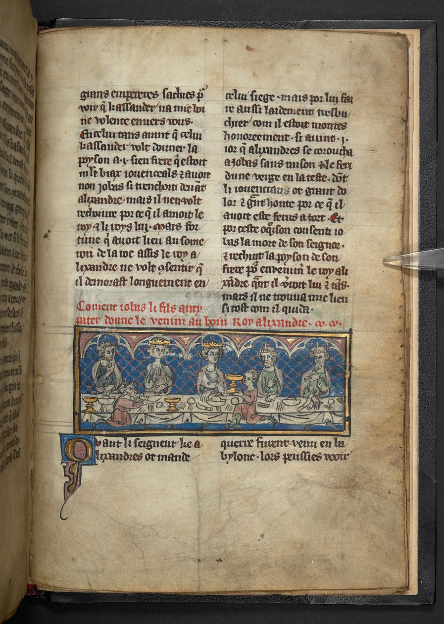 Harley 4979, f.78 Alejandro recibiendo veneno de Jobas durante una fiesta.  , de 