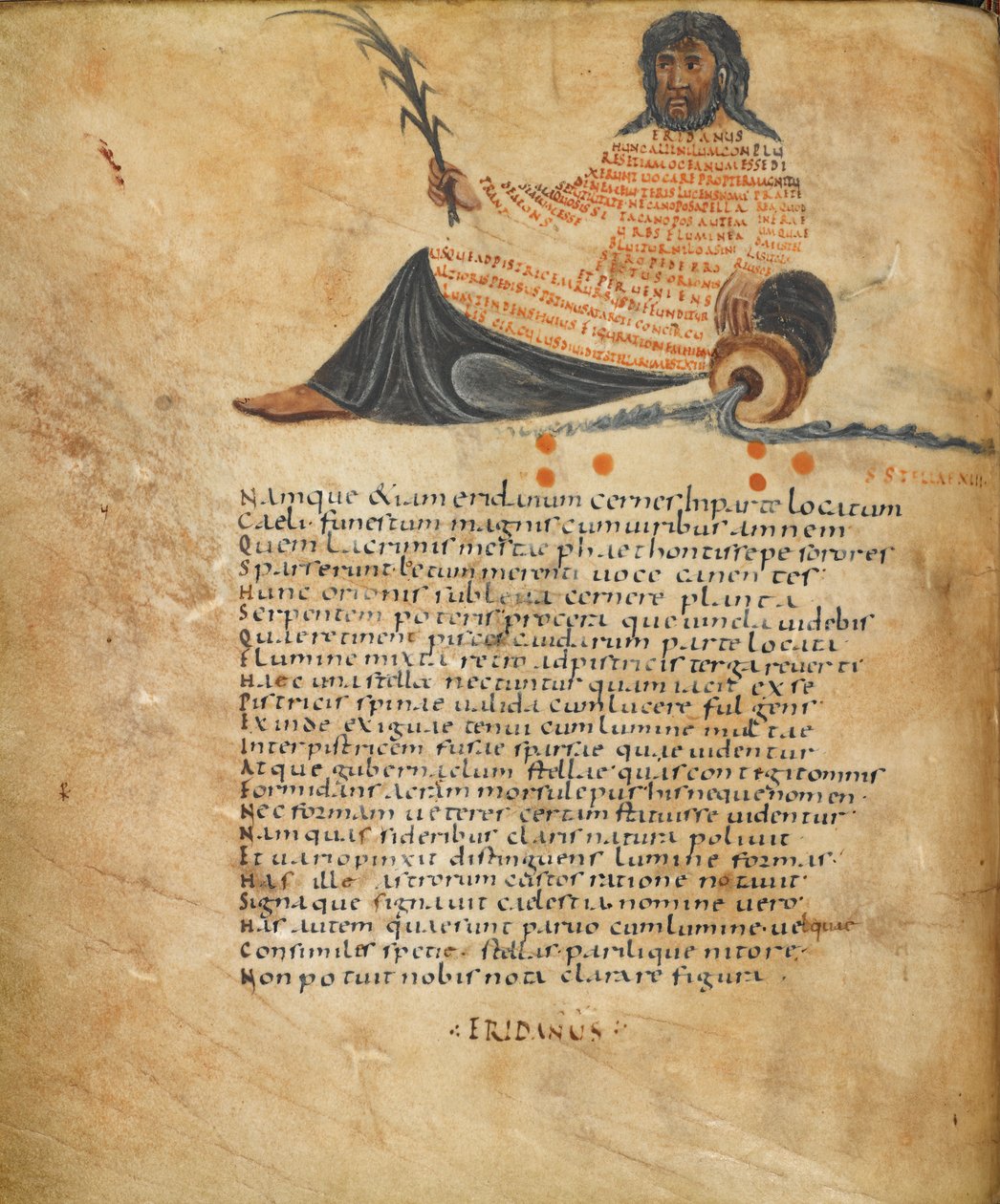 Harley 647, fol.10v Ilustración de la constelación Eridanus, y texto, c.820-40 (vitela) de French School