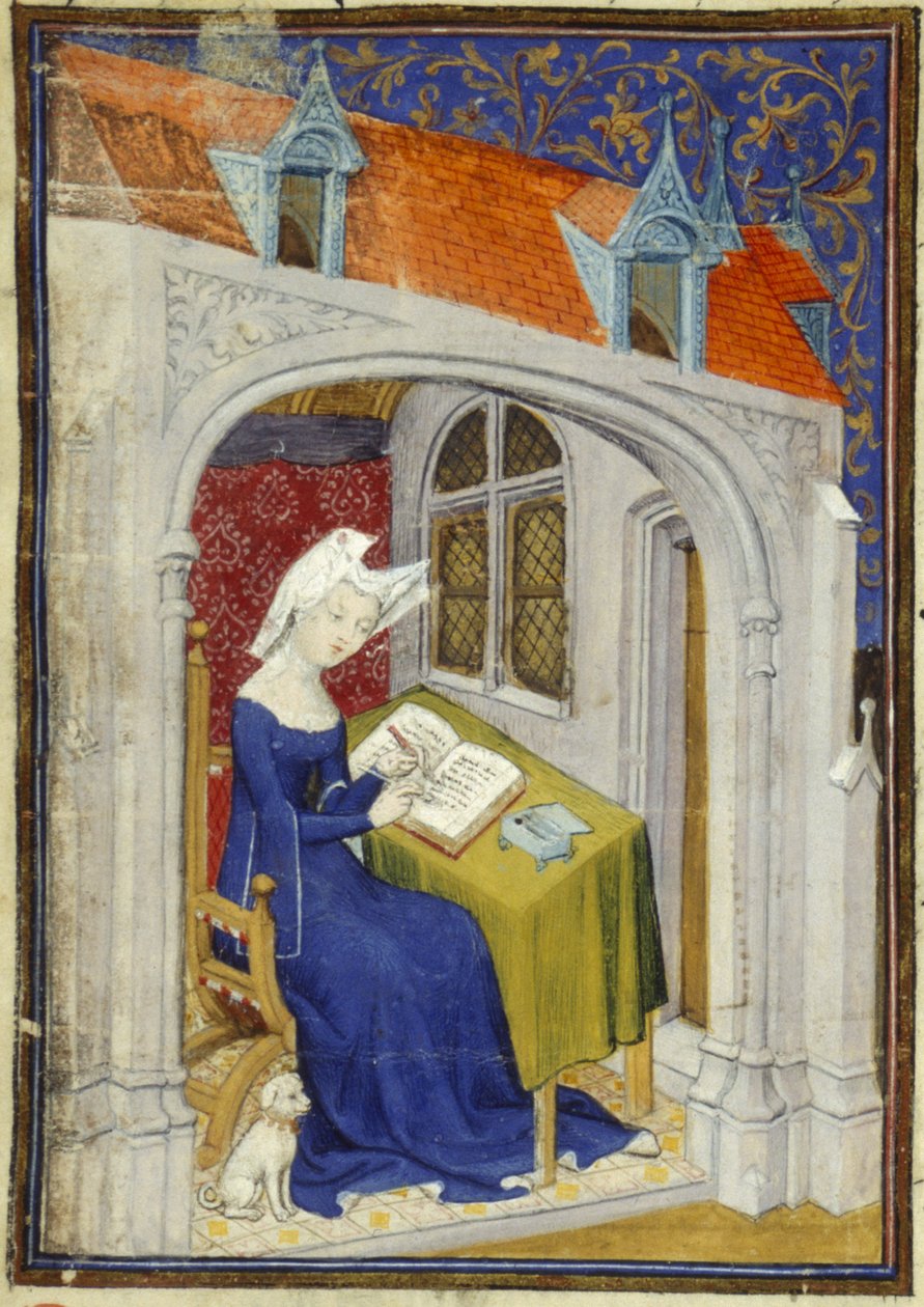 Harley MS 4431 f.004r Detalle de una miniatura de Christine de Pizan en su estudio al comienzo de las 