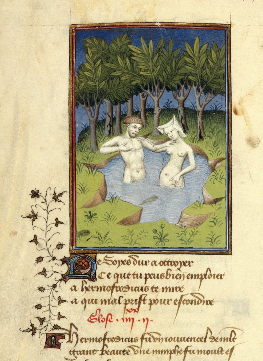 Harley MS 4431, f.132v, Miniatura de Hermaphroditus y la ninfa Salmacis bañándose en un lago, de 