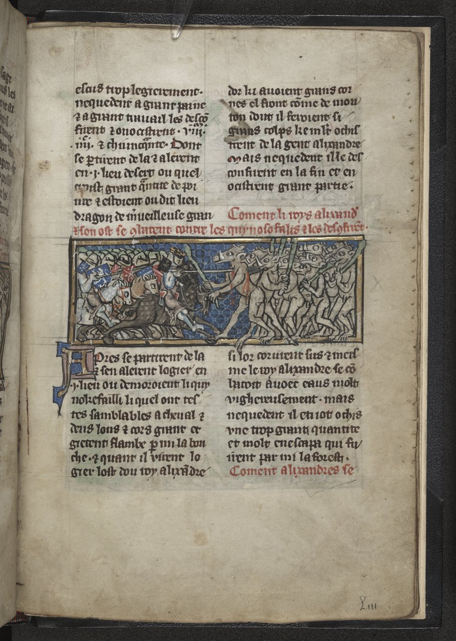Harley MS 4979 f.72r Alexander combatiendo a hombres con cabezas de caballos, de 