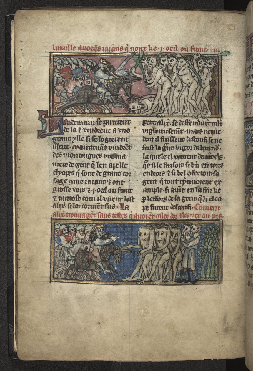 Harley MS 4979 f.72v Alexander combatiendo a los cíclopes; Alexander combatiendo a un grupo de blemmyes, de 