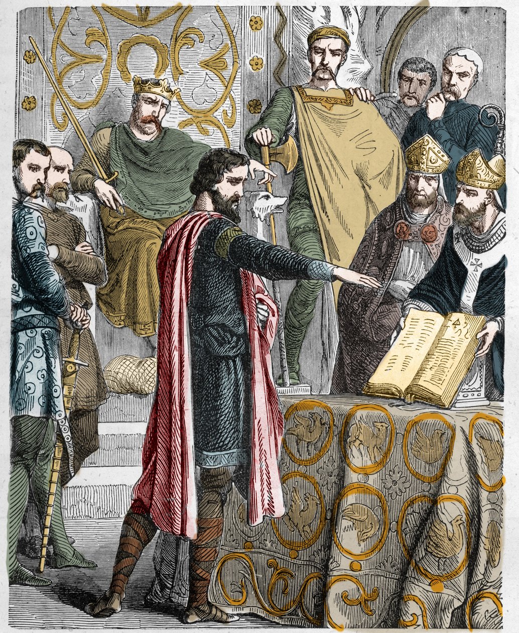 Haroldo II (1020-1066) último rey anglosajón coronado en 1064, juró sobre las reliquias sagradas ante Guillermo I el Conquistador apoyar su causa en el trono de Inglaterra a la muerte de Eduardo el Confesor. de French School