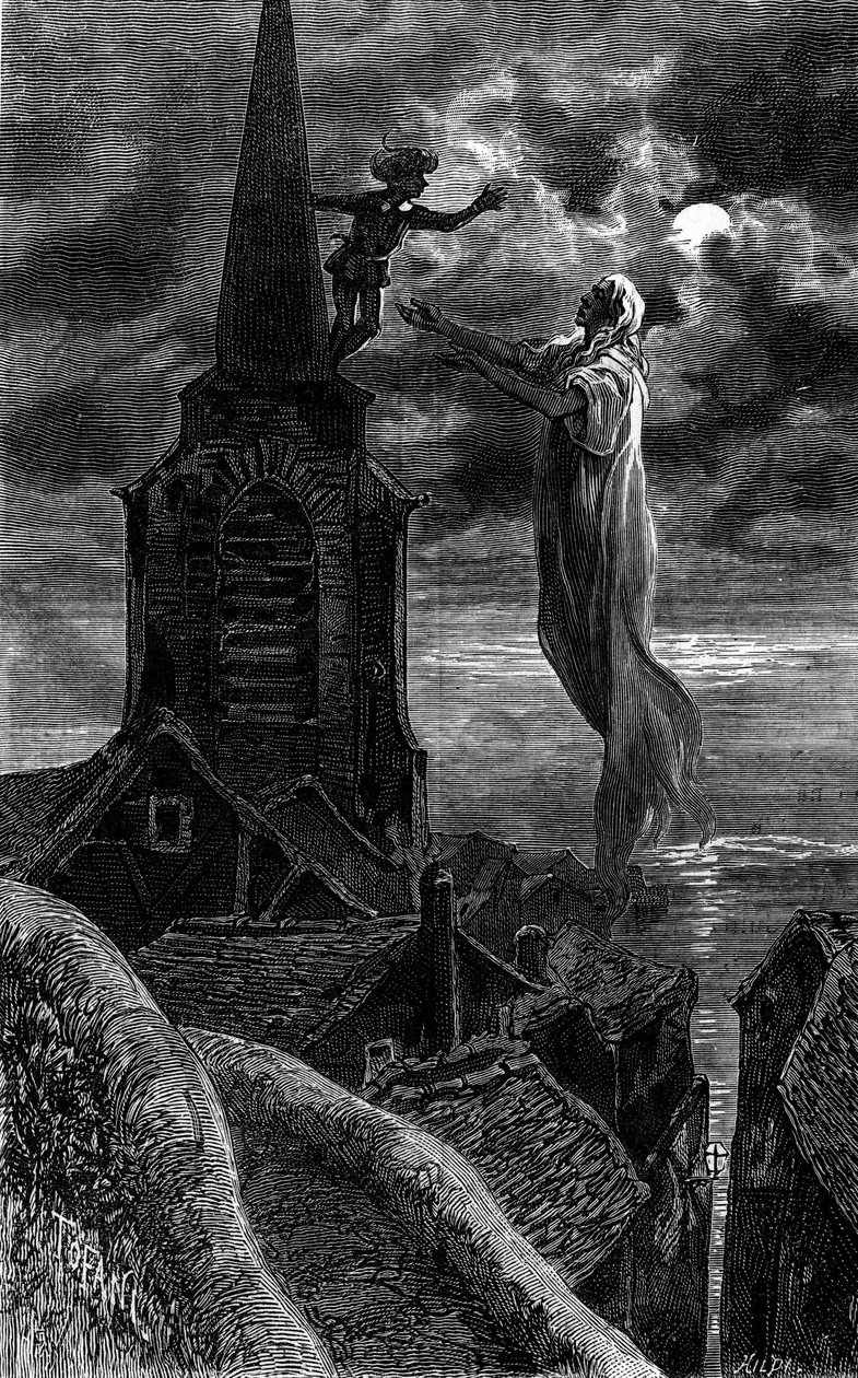 Apareció en el campanario de la iglesia. Grabado que ilustra la novela "Fuego y Llama" de Zenaide Fleuriot. En "Le Journal de la jeunesse" de French School