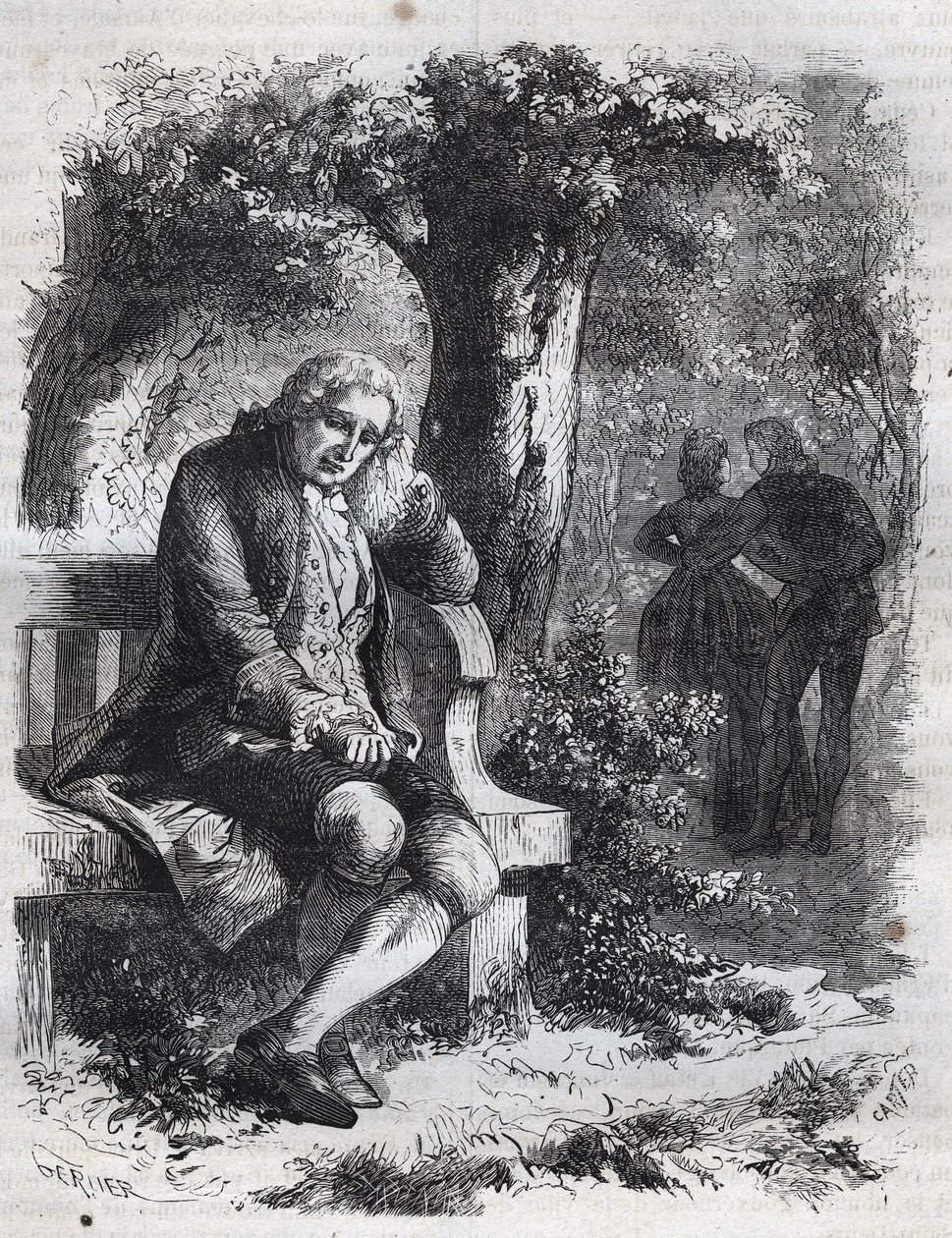"Escuchó el susurro de un beso." El filósofo suizo Jean Jacques (Jean-Jacques) Rousseau (1712-1778) sorprende a su compañera Marie-Therese (Marie Therese) Le Vasseur (Levasseur) (1721-1801) en pleno adulterio. Grabado de 1871 en “Histoire Des Cocus Celebre de French School