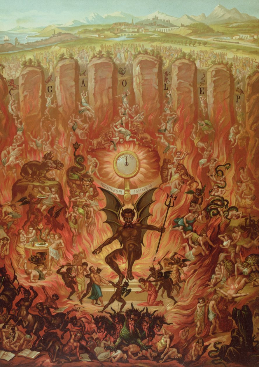 El infierno y los siete pecados, de un catecismo publicado por La Bonne Presse, finales del siglo XIX de French School