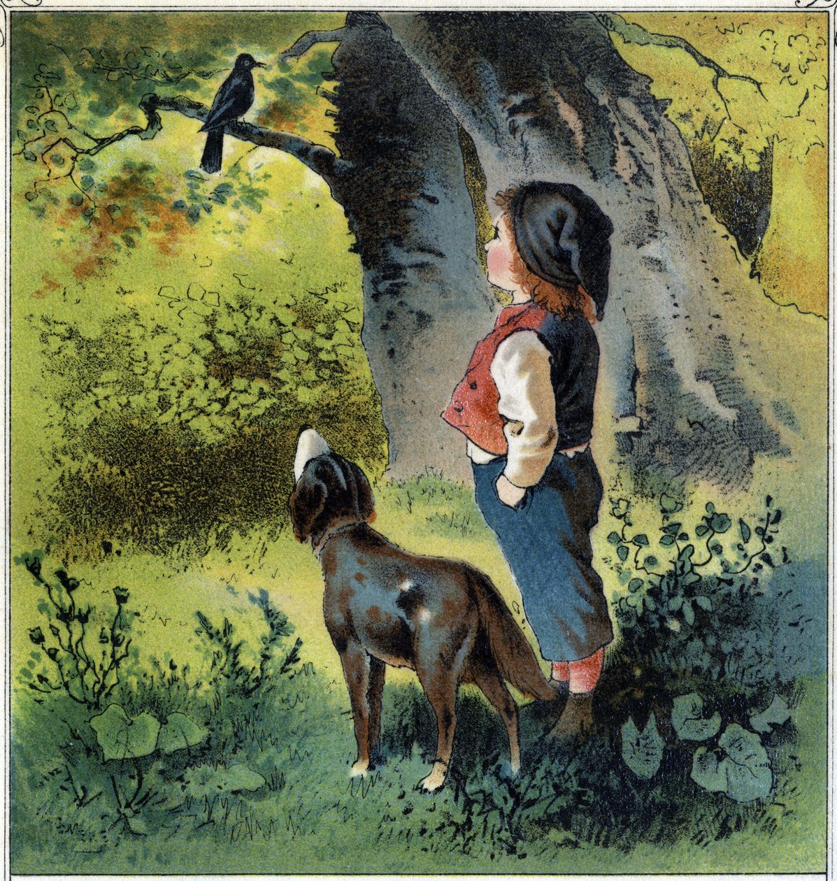 Henri observa un mirlo en una rama en el bosque, reflexionando sobre su vida si fuera un pájaro. Cromolitografía de 