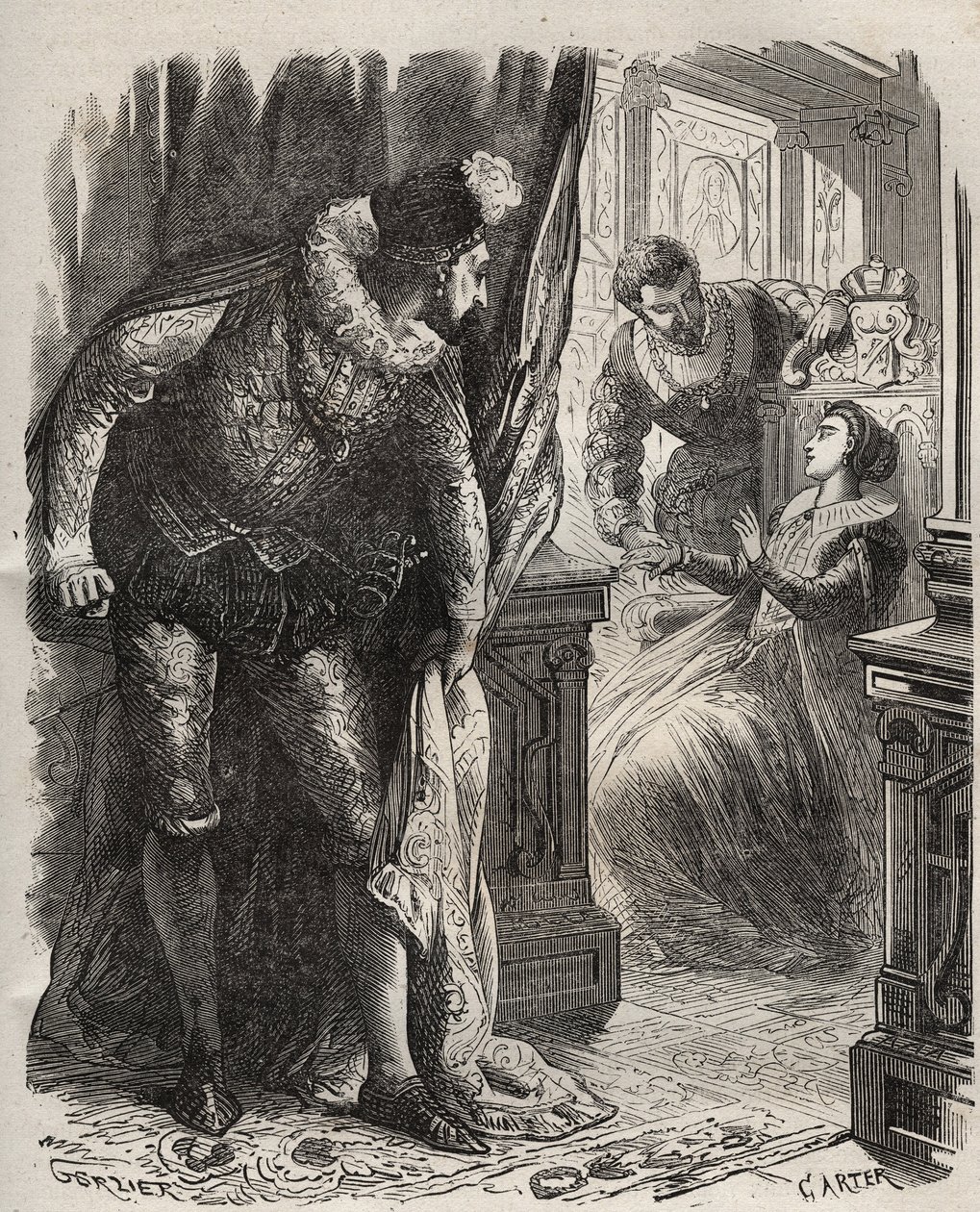 Henry Stuart conocido como Lord Darnley (1545-1567) sorprendió a su esposa, la Reina María I de Escocia (1542-1587), con su secretario privado, David Rizzio (d. 1566). Grabado de 1871 en "Histoire Des Cocuses Celebres" de Henry de Kock (1819-1892) de French School